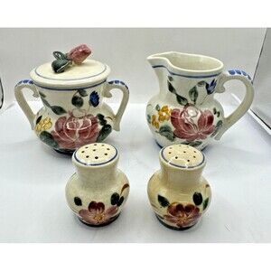 Red Wing Pottery Sugar & Creamer Set Salt & Pepper  Mid-Century flowers grandmas